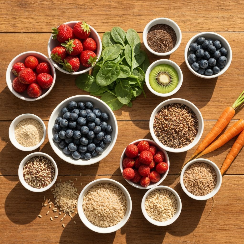 Verschiedene Lebensmittelgruppen auf einem Holztisch arrangiert