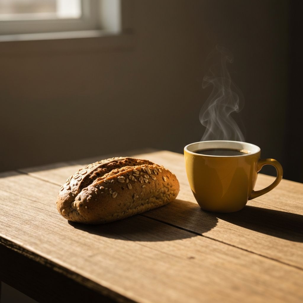 Frühstücksszene mit Kaffee und Brot
